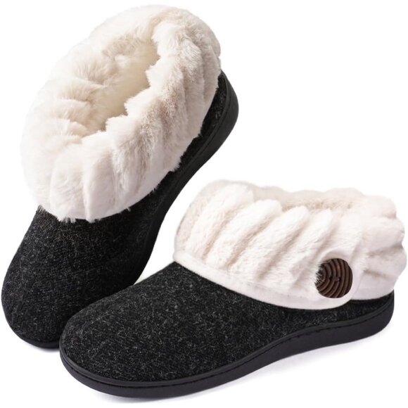 Women's Cozy Wool Memory Foam Slippers with Fuzzy Faux Fur Collar - Size 10 - Picture 1 of 7